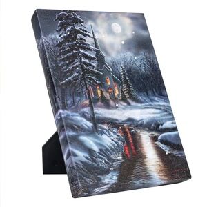 LED Winter Night Snowy Church Canvas Art - Moonlit River